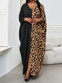 SHEIN Lady 大码 V 领长袖纯色拼接宽松休闲连衣裙长袍万圣节服装 万圣节服装 大码 V 领长袖纯色拼接宽松休闲连衣裙长袍万圣节服装 万圣节服装 - 棕色 - 查看 3