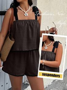 SHEIN Holidaya Plus Size Women Knotted Spaghetti Strap Tank Top And Shorts 2 Pieces Set - Brown - View 1