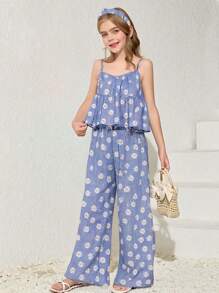 Tween Girls V-Neck Spaghetti Strap Flower Printed Checkered Top With Ruffle Hem And Loose Wide Leg Floral Pants, 2pcs Set - Blue - View 1