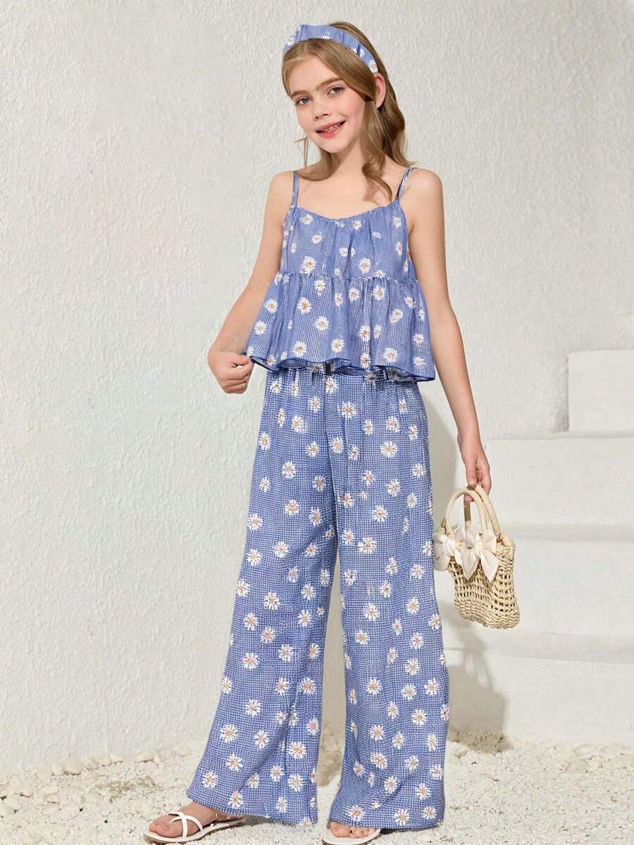 Tween Girls V-Neck Spaghetti Strap Flower Printed Checkered Top With Ruffle Hem And Loose Wide Leg Floral Pants, 2pcs Set - Blue - View 1