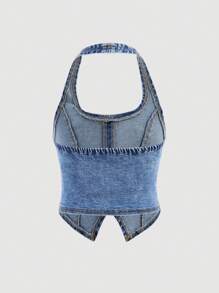 SHEIN Girlism 少女时尚休闲Y2K舒适简约蝴蝶结设计蓝色吊带牛仔上衣，柔软舒适，适合日常穿着，也是少女春夏服装的理想之选。 - 藍色 - 查看 5