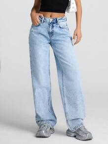 EURMUSE 低腰雪花洗宽松直筒牛仔裤 - 中等水洗藍 - 查看 1