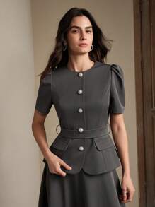 Women's Simple Elegant Commuter Chic Puff Sleeve Waist Flared Two Pieces Skirt Set, Valentine's Day, Summer, New Year - Grey - View 4