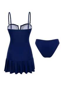 Swim Vcay 2 件套女士纯色可拆卸肩带 V 领褶皱下摆三角下摆泳衣裙适合海滩度假 - 藍色 - 查看 3