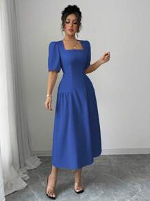 Elenzga Váy dài tay chữ A cổ vuông thắt eo xếp nếp kiểu Pháp thanh lịch cho ngày lễ đi làm thường ngày của phụ nữ, mùa xuân/hè - Xanh đậm - Xem 6