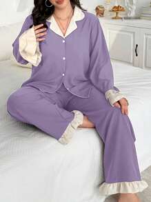 SHEIN Conjunto de pijama de manga larga con cuello con volantes, pantalones largos y colores contrastantes en talla grande