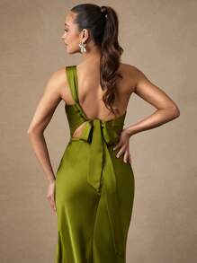 Silquee 优雅女士不对称肩部连衣裙配腰带，适合日常约会、郊游、夜店、派对和聚会，秋季 - 綠色 - 查看 3