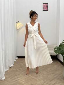 Flirla Plus Size Elegant Commuter Solid Color Pleated Hem Sleeveless Dress - Apricot - View 3