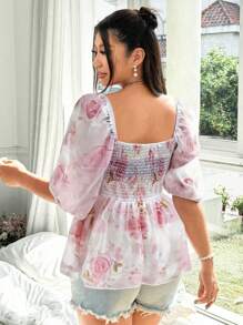 Flirla 休闲甜美印花短袖衬衫，简约时尚，适合夏季 - 粉色 - 查看 2