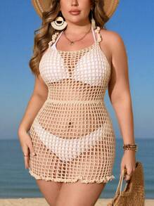 Swim Vcay 1pc Plus Size Women Solid Color Dress, Handmade Crochet Hollow Vacation Style Coverup For Summer