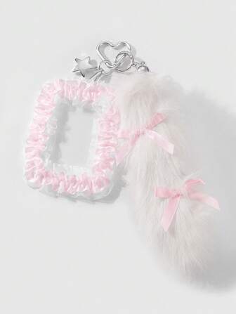 Kawaii 1 pièce de peluche blanche de style Kawaii minimaliste et à la mode de haute qualité, queue duveteuse en fausse fourrure avec nœud papillon, étoile CCB rose, pendentif en dentelle et maille, porte-clés/bijou de sac décoratif, idéal pour les employés de bureau, les étudiants, le quotidien et les cadeaux