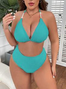 Swim Lushoire 大码女式 2 件套纯色特殊面料分体式泳衣套装 - 淺藍色 - 查看 5