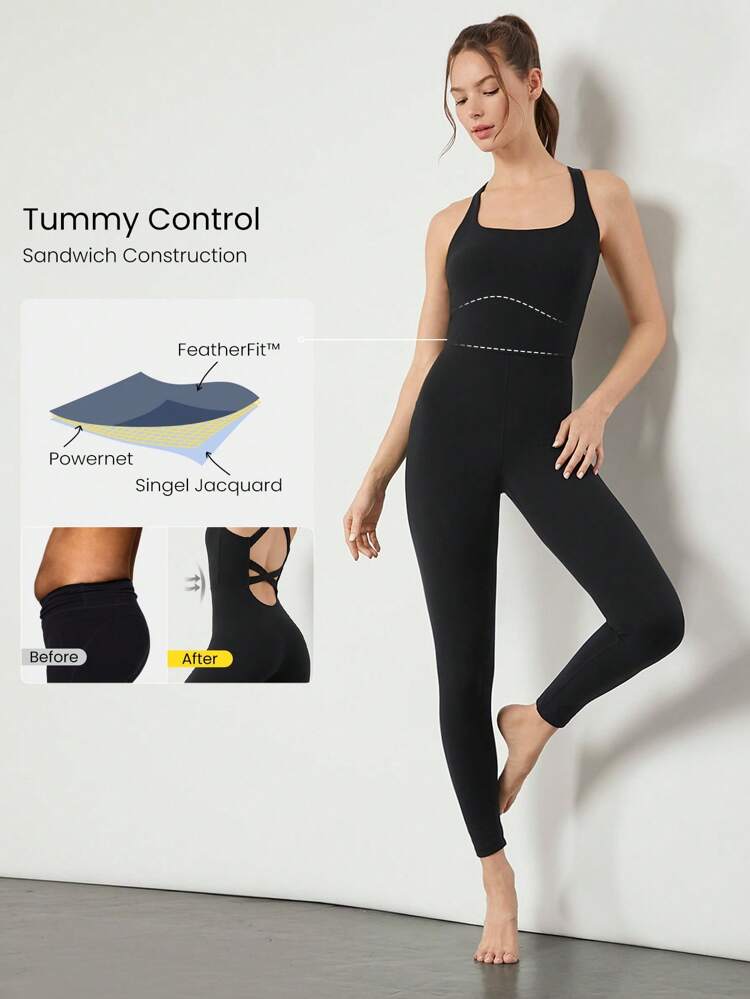 24" FeatherFit™ One And Only Tummy Control Double Crossover Back Jumpsuit Bodysuit Low Impact Yoga Pilates Studio Daily Casual Wear Removable Cups