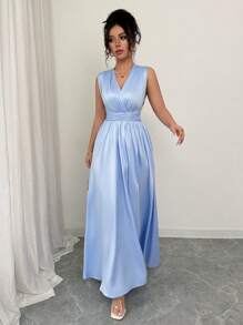 Elenzga Women's Solid Color Crossed V-Neck Slit Hem Elegant Dress - Blue - View 3