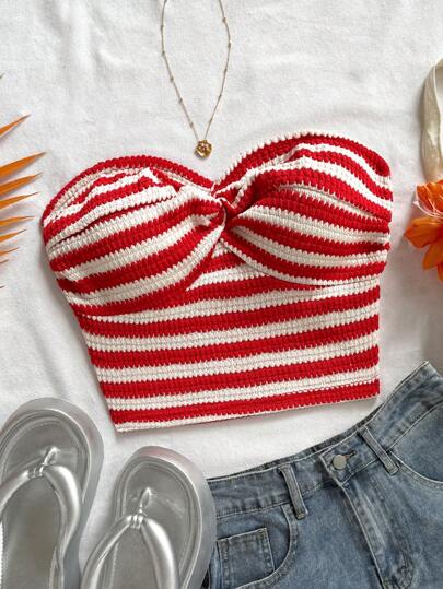 Soleia New Vacation Style Red Striped Twist Front Design Non-Slip Women Tube Top