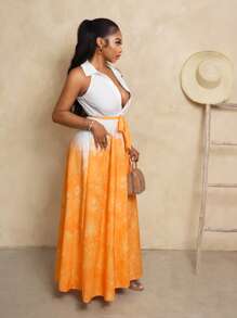 BamGleam Ärmelloses Mini-Kleid mit durchgehendem Muster und Gürtel, sexy Sommer