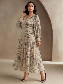 Anewsta Holiday, Casual, Festival, Vacation Elegant French Lace & Pearl Decor Flowy Long Sleeve Dress For Women - Apricot - View 3