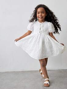 Maija Kids Maija Kids Vestido de niña joven de moda vintage, casual para el uso diario/conmutación/escuela/temporada de bodas, con cuello redondo, decoración de moño, mangas abullonadas exageradas, cintura ceñida, falda acampanada, tela textil bordada hueca