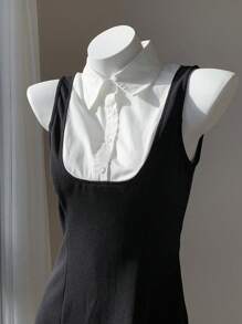 Comfortcana Zomer kantoor V-hals contrasterende rand taille A-lijn mouwloze mini-jurk