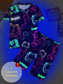 GARFIELD | SHEIN Tween Boy Cartoon Glow-In-The-Dark Full Print Cat Pattern Knit Crew Neck Top And Stretchy Shorts Pajama Set