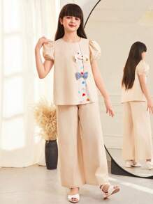 SHEIN Leap Crew Tween Girls Loose Casual Round Neck Puff Sleeve Colorblock Embroidered Ditsy Floral Butterfly Decor 2Pcs Shirt & Pants Set, Spring/Summer - Apricot - View 5