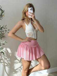 SHEIN Sovereign Charm 粉色荷叶边腰运动裙 - 淺粉色 - 查看 3