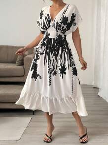 SHEIN Unity Vestido corto de verano en talla grande con estampado de colocación, contraste de color, hombros caídos, fruncido y escote en V profundo a la cintura - Multicolor - Ver 5