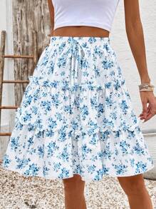Breezaya Spring/Summer Ditsy Floral Layered Ruffle Skirt - Blue - View 3