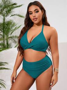 Slaydiva 2 件套加大码女式纯色细肩带比基尼泳衣 - 水鴨藍 - 查看 6