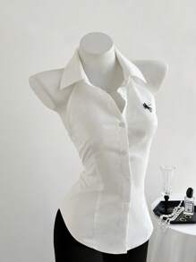 Elamini Spring/Summer White Sleeveless Embroidered Slim Fit Shirt - White - View 4