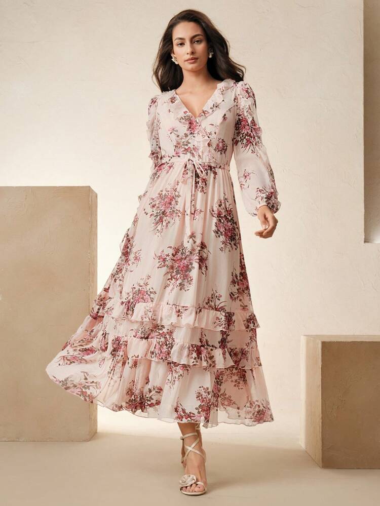 Romantic Vacation Style V-Neck Chiffon Printed Long Sleeve Dress With Belt For Women,Spring, Holiday, Casual, Festival, Vacation