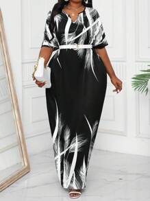 SHEIN Lady 春夏秋冬优雅海军蓝编织缺口长袍连衣裙大码连衣裙 - 黑色 - 查看 5