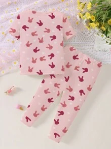 2 Pcs/Set Young Girl Rabbit Pattern Round Neck Knitted Elastic Short Sleeve Top And Pants Home Outfit Set, Light Pink & Wine Red - White - View 2