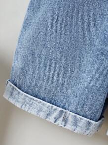 Baby Girls Denim Overalls With Rainbow Star Embroidery, Loose Fit Comfortable Washed Denim Bib Pants - Medium Wash - View 7