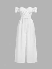 SHEIN MOD Plus Size Women's Solid Color Off Shoulder Ruched Simple Casual Velvet Skinny Jumpsuit, Women Jumpsuit,Princess Women Costume,New Year,Valentine - White - View 1