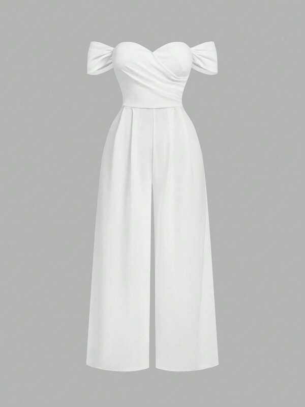 SHEIN MOD Mono ajustado de terciopelo liso, informal y sencillo con hombros descubiertos y drapeado, mono para mujer talla grande, disfraz de princesa para mujer, Año Nuevo, San Valentín