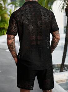 VENTUSAIL 男士休闲镂空短袖衬衫短裤两件套，舒适休闲装，假日必备 - 黑色 - 查看 2