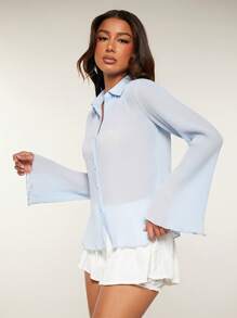 SHEIN Unity Top Mesh Textured Lettuce Trim Summer Party Club Vacation Long Sleeve Top Office Teacher Casual Brunch For Women - Baby Blue - View 5
