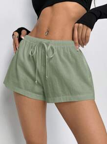 SHEIN PETITE Women's Casual Mini Shorts: Green Woven Fabric Knotted Drawstring Summer Shorts - Green - View 6