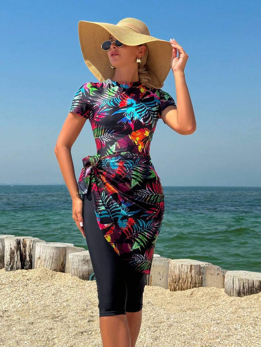 Swim Mulvari 中东浪漫假期彩色花卉印花短袖七分裤女士三件套布基尼套装