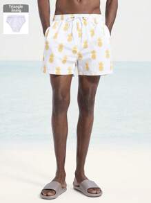 Manfinity Swimmode Pantaloni scurți de plajă pentru bărbați, cu imprimeu cu ananas, cu șnur cu talie (cu croiala asimetrică)