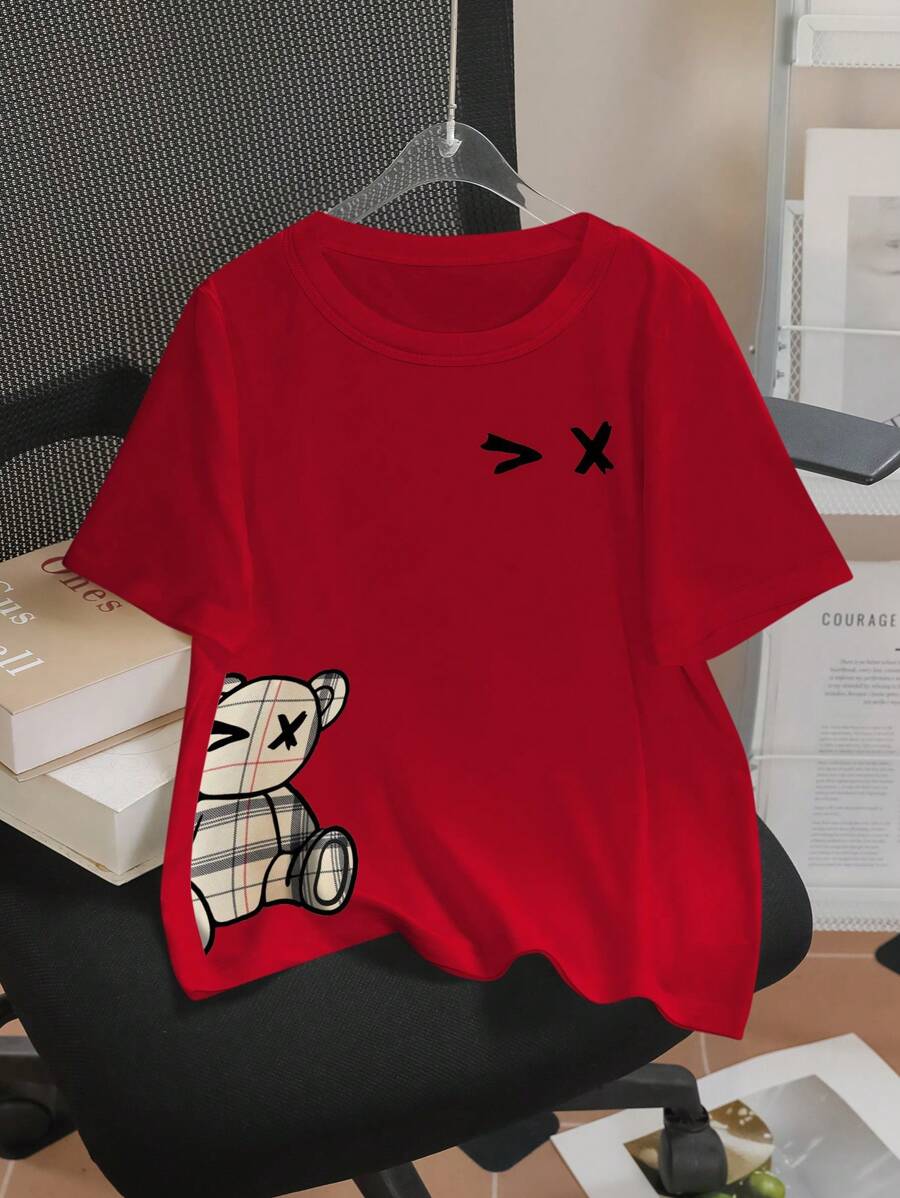 SHEIN PETITE Plaid Bear Graphic Comfortable Short Sleeve T-Shirt, & Sexy Chest Print, Suitable For Summer - Red - View 1