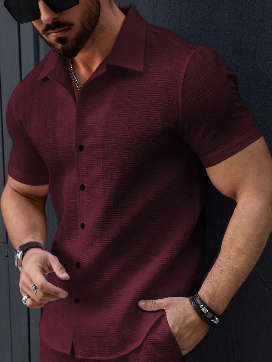 Manfinity Homme 男士纯色短袖单排扣休闲办公衬衫 - 乾枯玫瑰色 - 查看 1