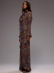 MUSERA Đầm maxi dài tay dáng rộng, cổ chữ V khoét sâu, viền bèo nhún, chất liệu chiffon in họa tiết, thích hợp cho kỳ nghỉ hè, đám cưới thanh lịch, lễ tốt nghiệp, tiệc trang trọng, lễ hội bãi biển Ibiza, buổi tối mùa thu, hẹn hò sang trọng. - Nhiều màu - Xem 3