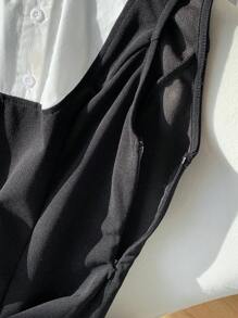 Comfortcana Zomer kantoor V-hals contrasterende rand taille A-lijn mouwloze mini-jurk