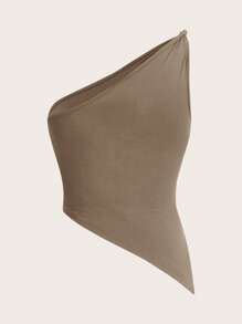 Siren Gaze 情人节勃艮第红色扭纹单肩上衣优雅修身女士上衣 - 卡其色 - 查看 8