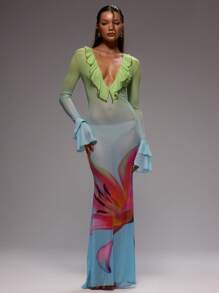 MUSERA 这款极致荷叶边深V领荷叶袖印花修身优雅长裙，适合春夏季度假、婚礼宾客、伊比沙岛海滩婚礼宾客、生日派对、秋夏季泳装等场合穿着。 - 綠色 - 查看 5