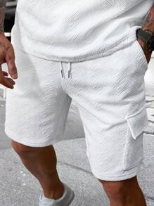Manfinity Homme Ensemble t-shirt à col ras-du-cou unicolore à manches courtes et short cargo taille avec cordon pour homme