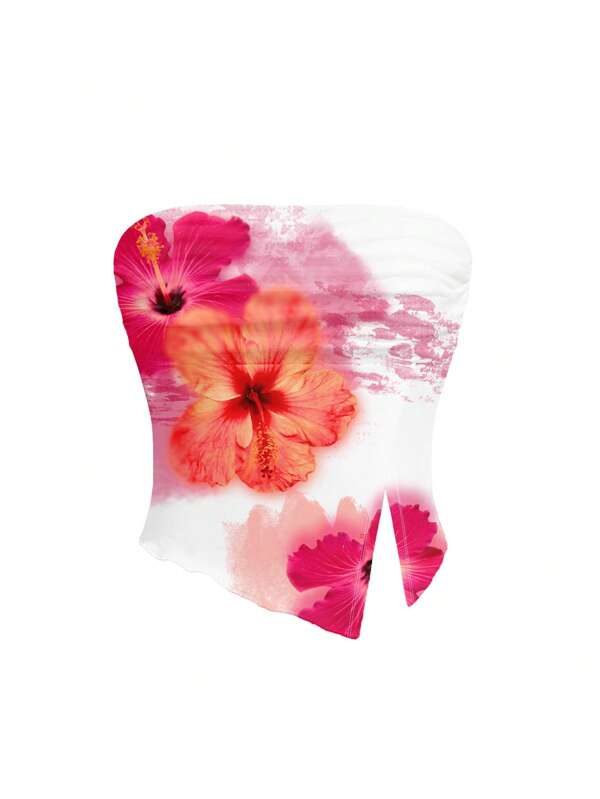 Mari Primo studio Top de damă roșu cu imprimeu floral, potrivit pentru festival de muzică, plajă, vacanță
