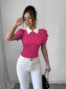 Selianne 优雅日常领口黑白拼布串珠修身女式 T 恤